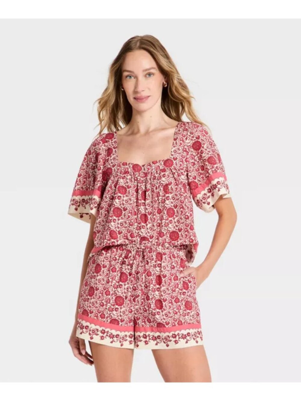 Women's Short Sleeve Blouse - Universal Thread Pink Tropical M